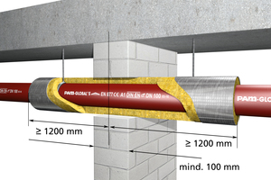  Geprüfte Rohrabschottung für waagerecht verlegte nichtbrennbare gusseiserne Abflussrohre mit ABP P-MPA-E-05-032 der Firma Saint-Gobain Isover 