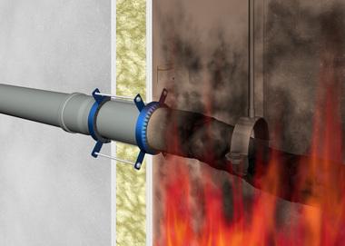 Im Brandfall wird das Rohr durch die Hitzeeinwirkung weich. Parallel beginn die Manschette damit, aufzuquellen