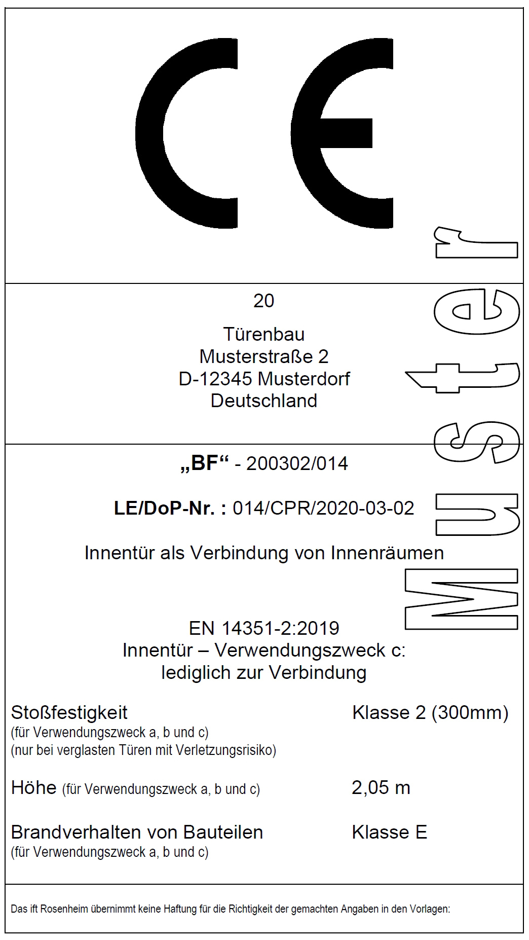 CE-Zeichen für Innentür nach EN 14351-2, Typ ?c? für Türen als Verbindung zwischen Innenräumen (Muster)