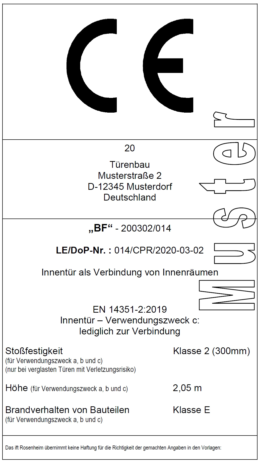 CE-Zeichen f?r Innent?r nach EN 14351-2, Typ ?c? f?r T?ren als Verbindung zwischen Innenr?umen (Muster)