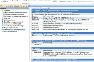  Für gutachterliche Stellungnahmen und Brandschutzbescheinigungen kommt das Programm „Bautagebuch“ zum Einsatz. 