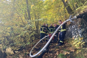  Einsatzkräfte der Freiwilligen Feuerwehr Schleiz bei einer Übung an der Saale. Löschwassereinspeisung in die Steigleitung in Richtung Schloss Burgk. 
