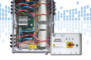  Feuerwehrschalter-Set, bestehend aus Schaltbox (links) zum Einbau in Modulnähe (generatornah) zur sicheren Trennung der PV-Strings und Steuerbox (rechts) zummanuellen Ansteuern der Schaltbox und zur Integration einer automatischen Abschaltung z. B. über eine Brandmeldeanlage. 