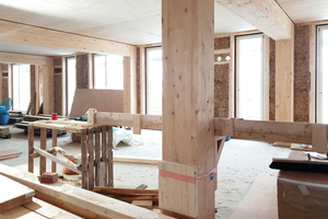  Aufstockung der bestehenden Lagerhalle, Brandabschnittsbildung durch einen als Gewächshaus übersetzen Freibereich, Tragskelett aus hölzernen Stützen und Unterzügen, Flächen der Geschossdecken aus Holz, stählerne Verbindungsmittel in Holz eingebettet und so gegen Temperatureinwirkung geschützt, Außenwände als nicht brennbare, gerettete raumhohe Fensterelemente im Wechsel mit Holzrahmenelementen mit Ausfachung aus Strohballen, beiderseits verputzt.  